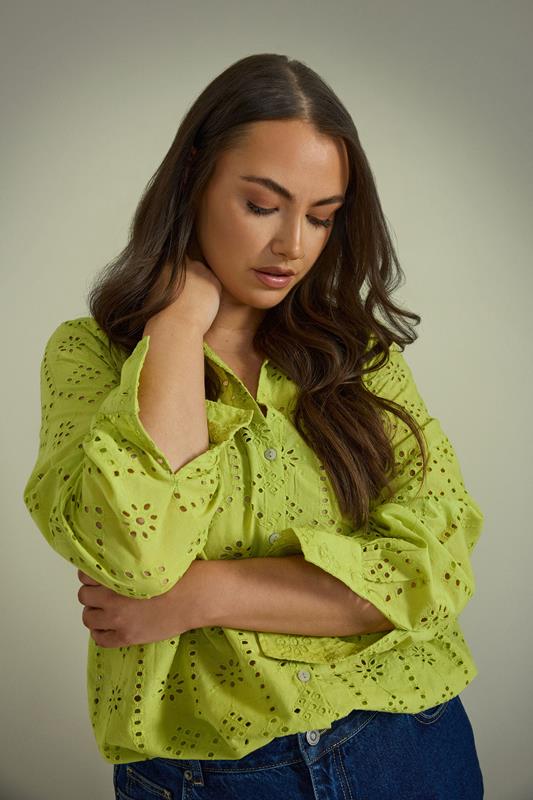 Evans EVANS Curve Chartreuse Green Long Sleeve Broderie Shirt