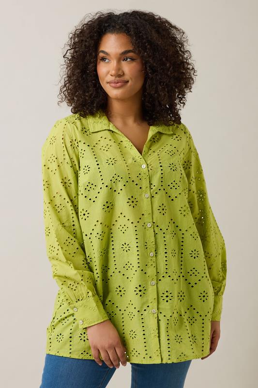 Evans EVANS Curve Chartreuse Green Long Sleeve Broderie Shirt