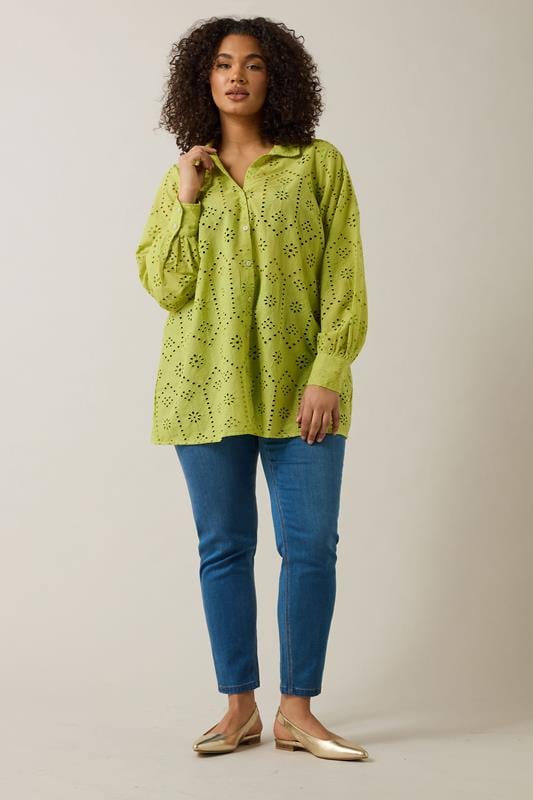 Evans EVANS Curve Chartreuse Green Long Sleeve Broderie Shirt