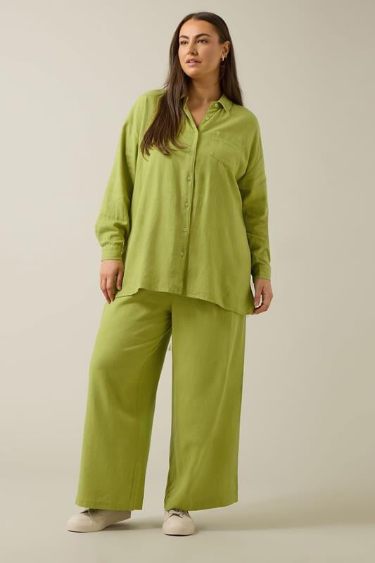 Evans EVANS Curve Chartreuse Green Long Sleeve Premium Linen Shirt