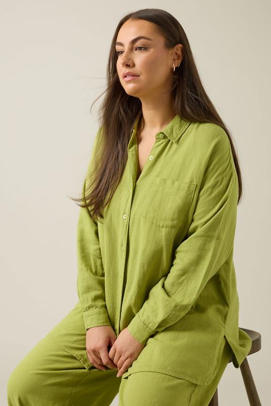 Evans EVANS Curve Chartreuse Green Long Sleeve Premium Linen Shirt