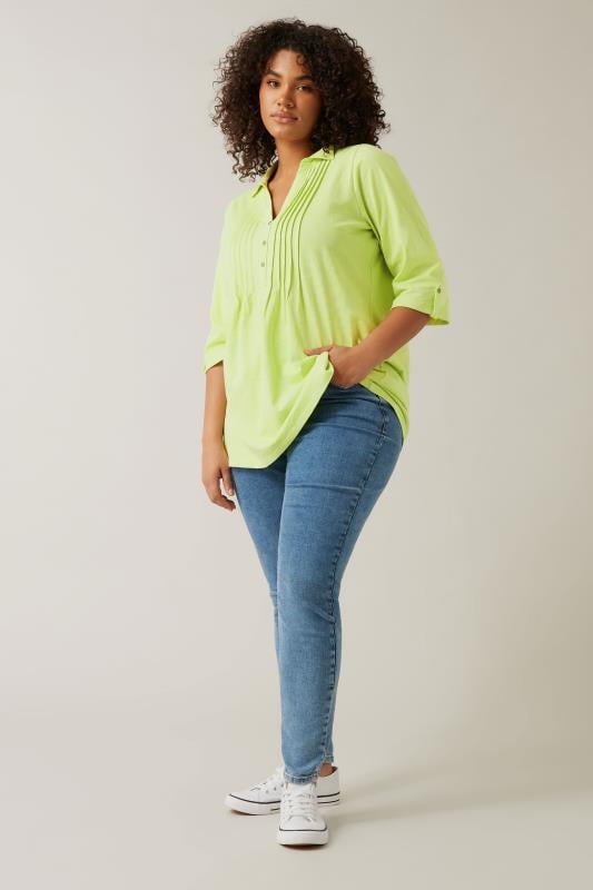 Evans EVANS Curve Chartreuse Green Pintuck Henley Top