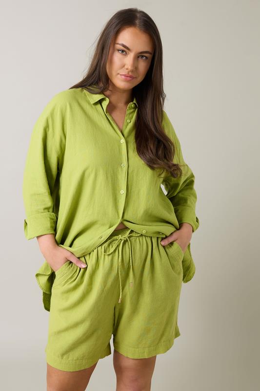 Evans EVANS Curve Chartreuse Green Premium Linen Shorts