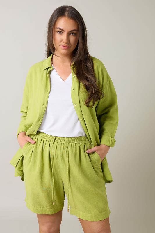 Evans EVANS Curve Chartreuse Green Premium Linen Shorts