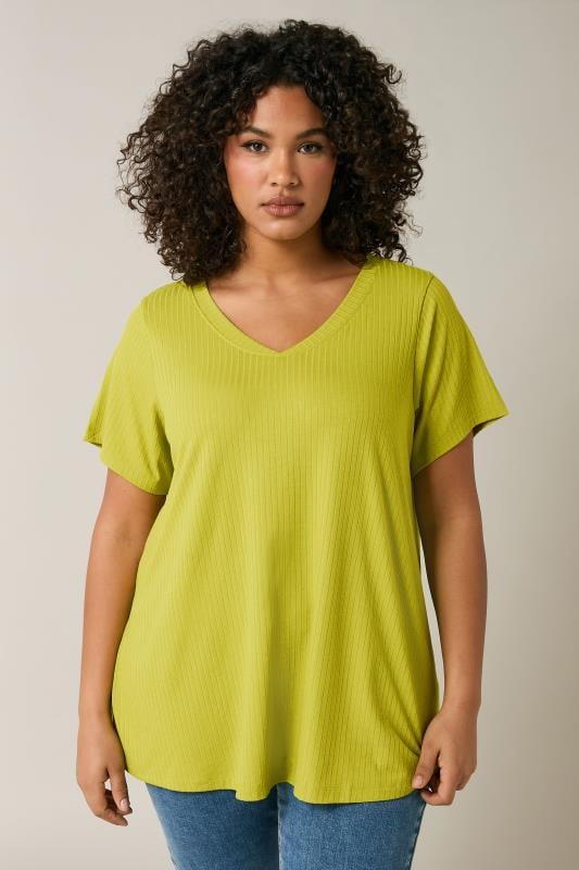 evans EVANS Curve Chartreuse Green Premium Ribbed Modal Blend T-Shirt