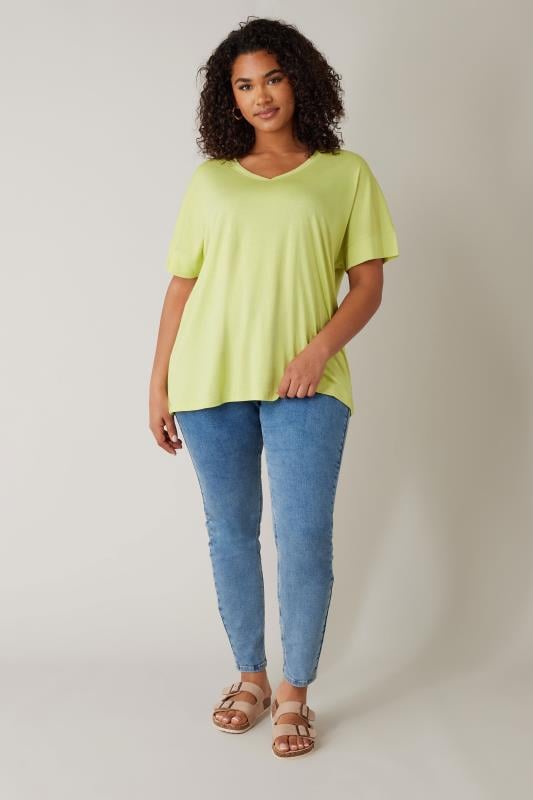 Evans EVANS Curve Chartreuse Green V-Neck Modal Rich T-Shirt