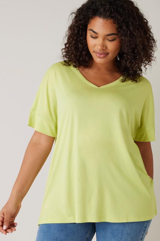 Evans EVANS Curve Chartreuse Green V-Neck Modal Rich T-Shirt