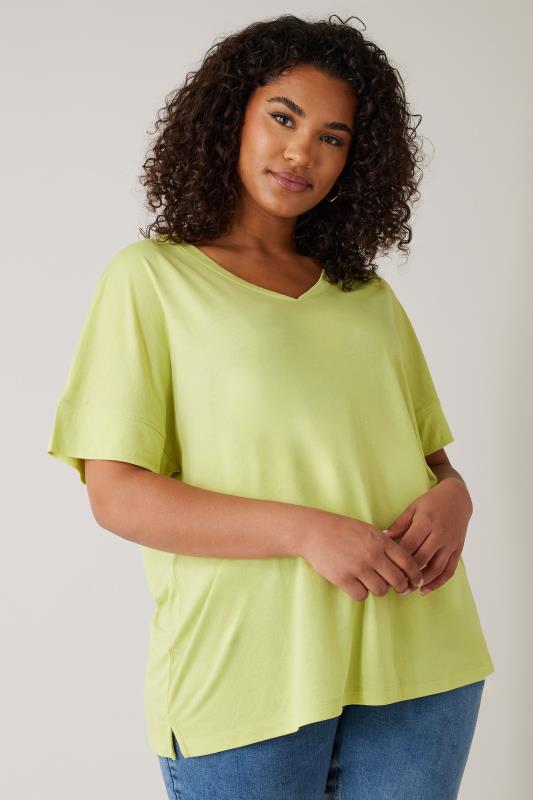 evans EVANS Curve Chartreuse Green V-Neck Modal Rich T-Shirt