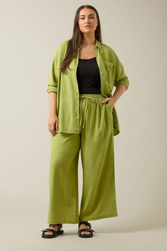 Evans EVANS Curve Chartreuse Green Wide Leg Premium Linen Trousers