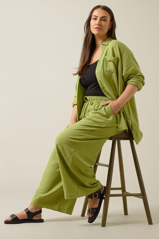 Evans EVANS Curve Chartreuse Green Wide Leg Premium Linen Trousers