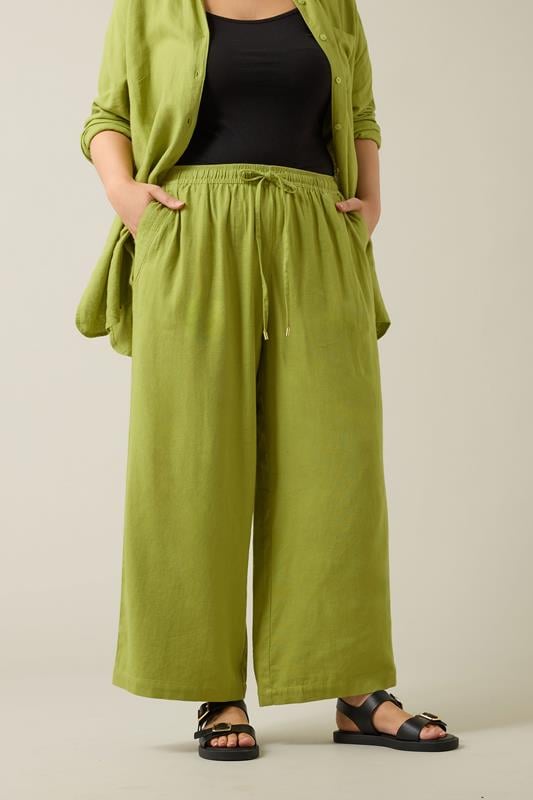 evans EVANS Curve Chartreuse Green Wide Leg Premium Linen Trousers