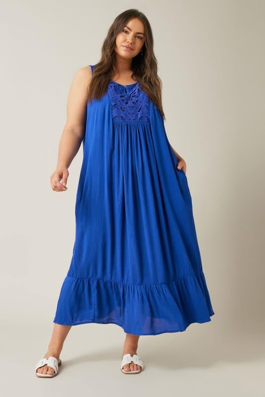Evans EVANS Curve Cobalt Blue Crinkle Broderie Maxi Dress