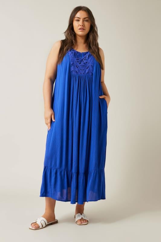 Evans EVANS Curve Cobalt Blue Crinkle Broderie Maxi Dress