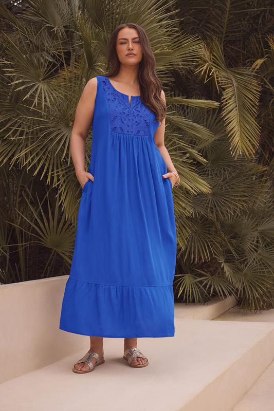 evans EVANS Curve Cobalt Blue Crinkle Broderie Maxi Dress
