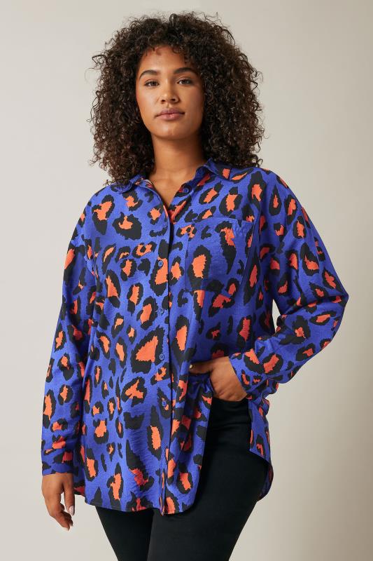 evans EVANS Curve Cobalt Blue Leopard Print Oversized Shirt
