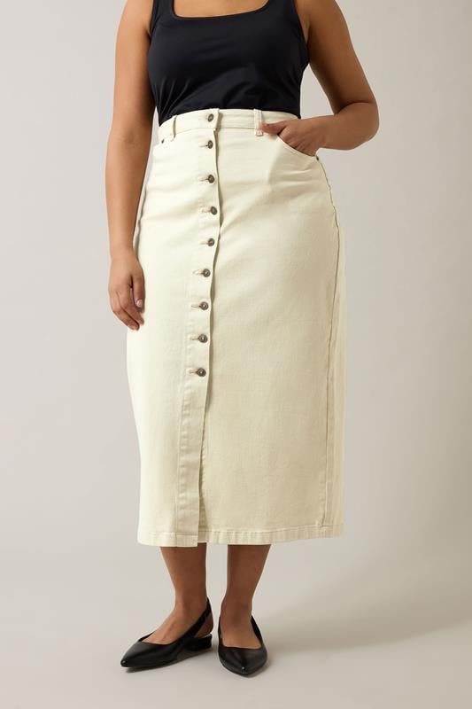 Evans EVANS Curve Cream Button Through Denim Maxi Skirt