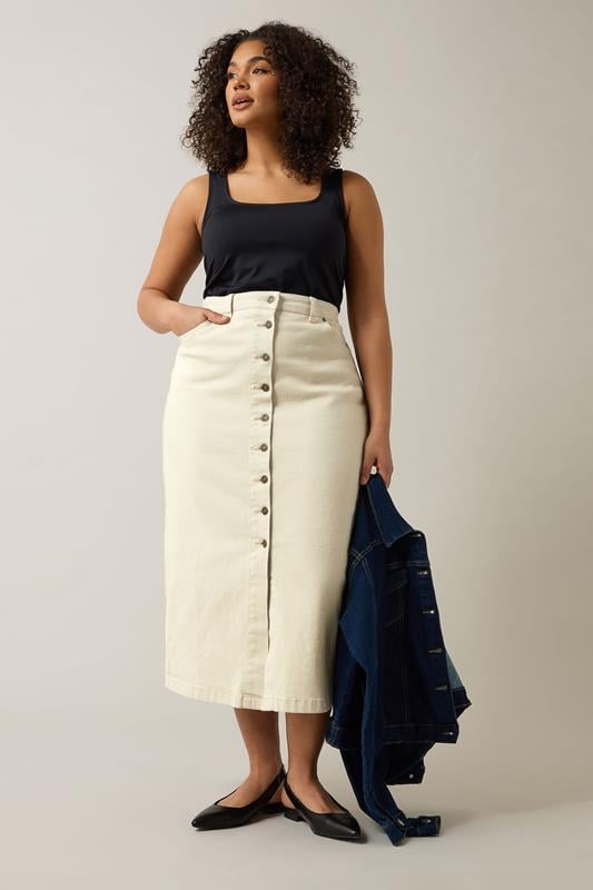 Evans EVANS Curve Cream Button Through Denim Maxi Skirt