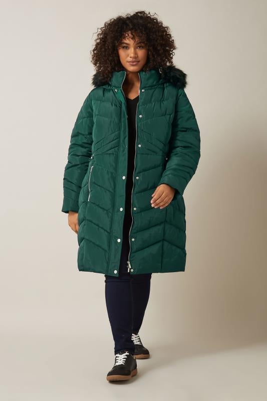 Evans EVANS Curve Green Faux Fur Trim Padded Parka Coat