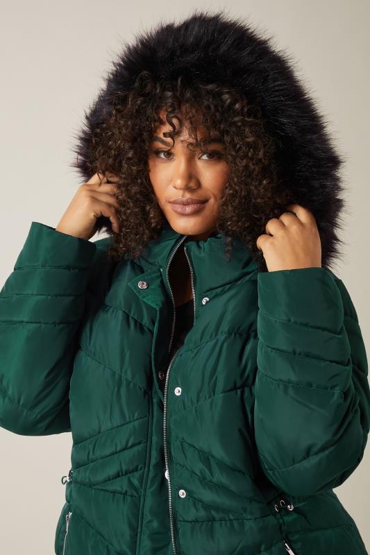Evans EVANS Curve Green Faux Fur Trim Padded Parka Coat