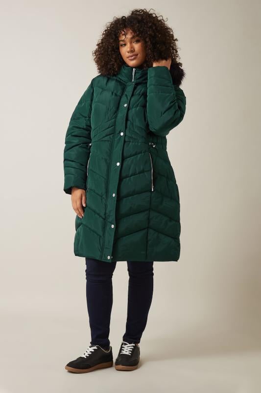 evans EVANS Curve Green Faux Fur Trim Padded Parka Coat