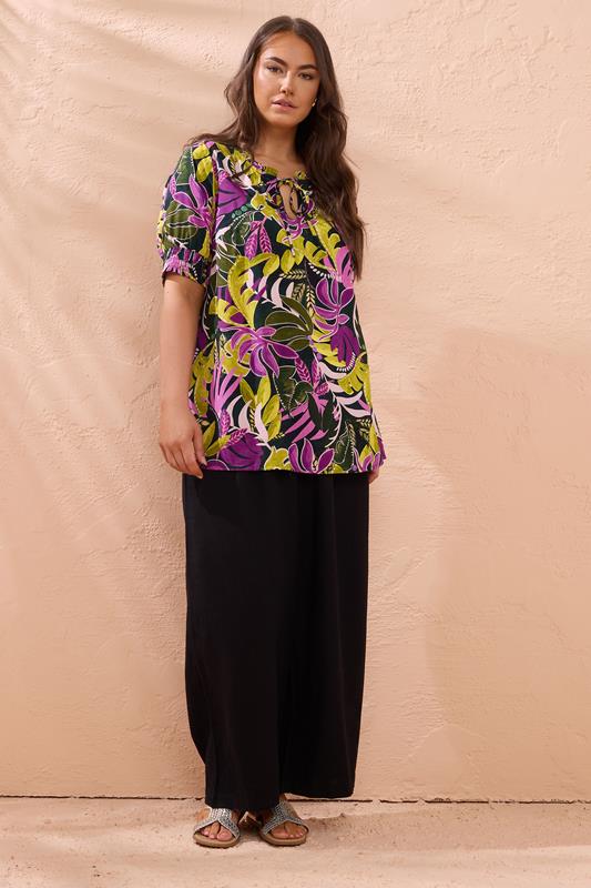 Evans EVANS Curve Green Leaf Print Modal Tie Neck Top