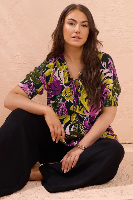 evans EVANS Curve Green Leaf Print Modal Tie Neck Top