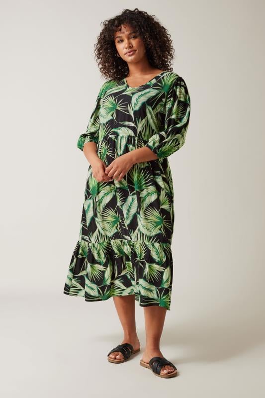 Evans EVANS Curve Green Palm Print Tiered Midi Dress
