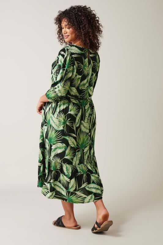 Evans EVANS Curve Green Palm Print Tiered Midi Dress