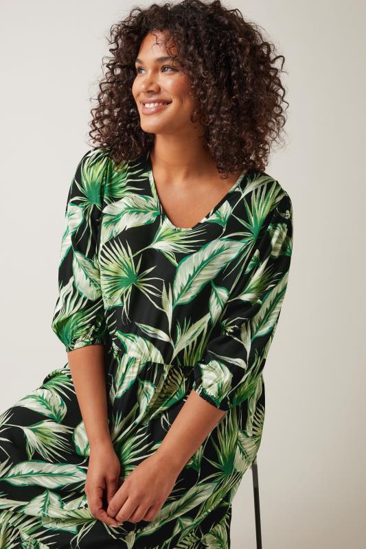 Evans EVANS Curve Green Palm Print Tiered Midi Dress