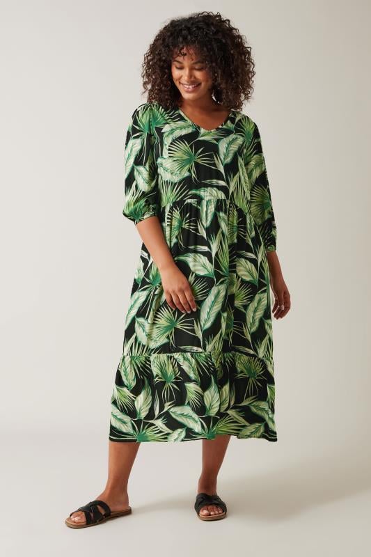 evans EVANS Curve Green Palm Print Tiered Midi Dress