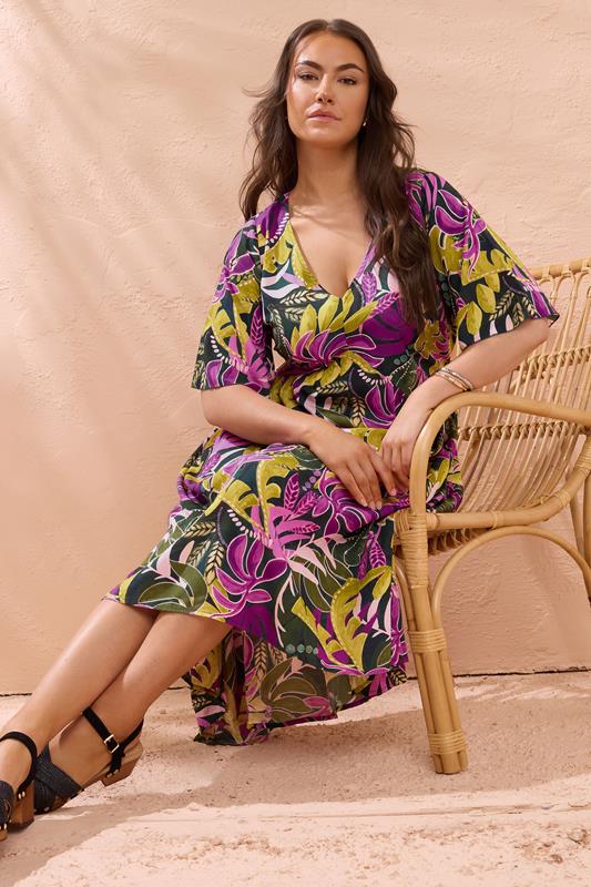 Evans EVANS Curve Green Tropical Print Modal Midaxi Dress
