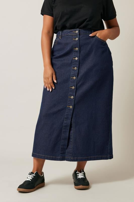 evans EVANS Curve Indigo Blue Button Through Denim Maxi Skirt