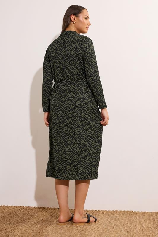 Evans EVANS Curve Khaki Green Abstract Print Crepe Midi Shirt Dress