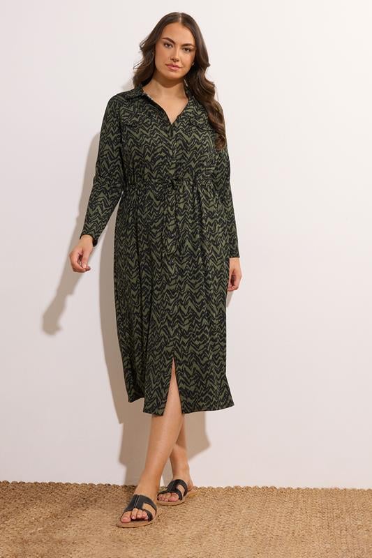 evans EVANS Curve Khaki Green Abstract Print Crepe Midi Shirt Dress
