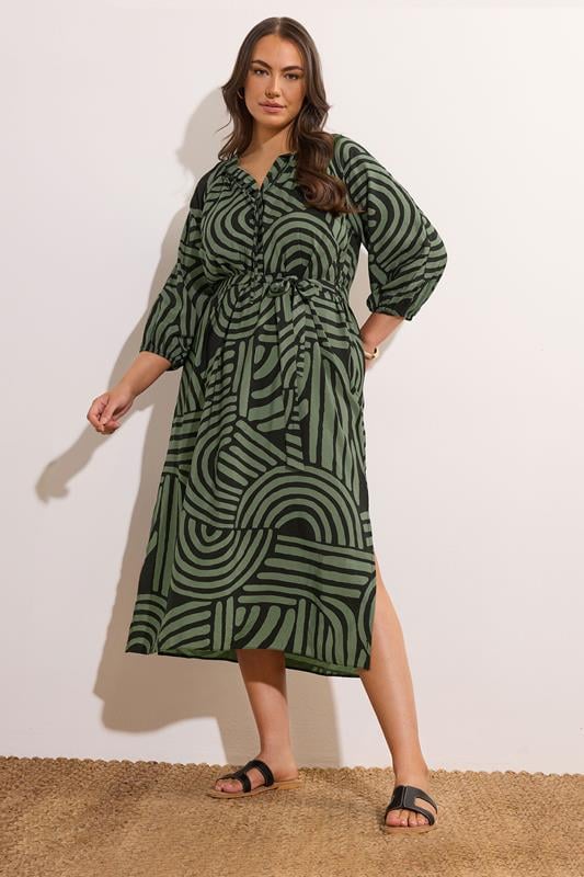 Evans EVANS Curve Khaki Green Abstract Print Midi Dress