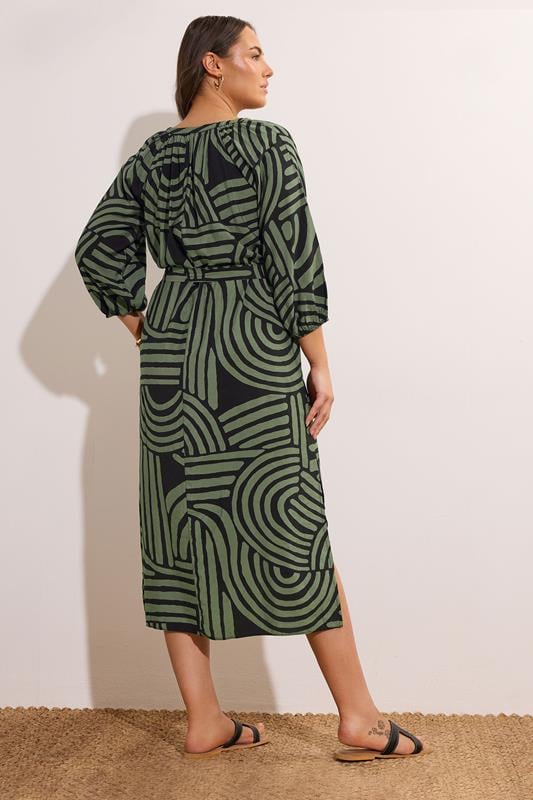 Evans EVANS Curve Khaki Green Abstract Print Midi Dress
