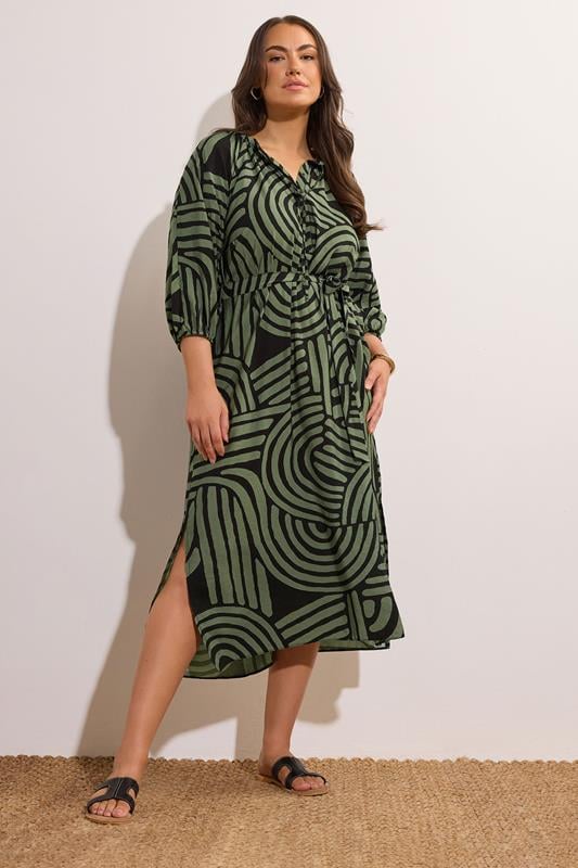 evans EVANS Curve Khaki Green Abstract Print Midi Dress
