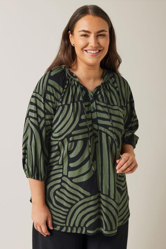 Evans EVANS Curve Khaki Green Abstract Print Tie Neck Blouse