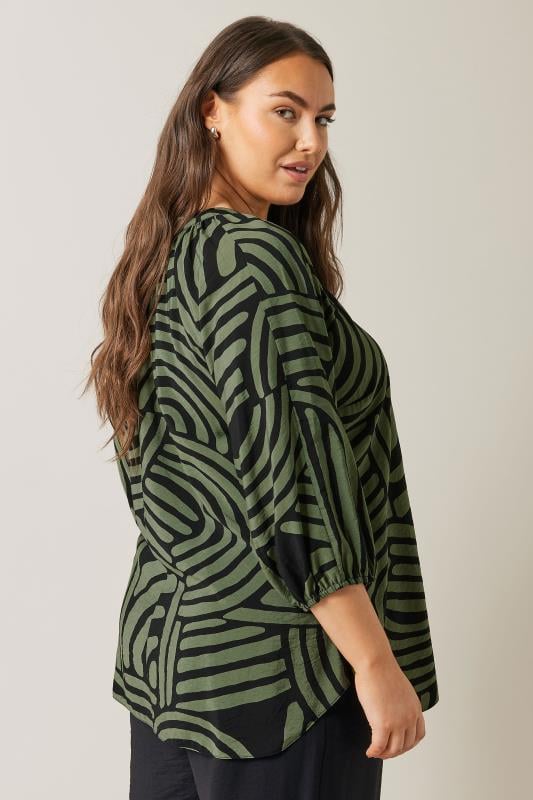 Evans EVANS Curve Khaki Green Abstract Print Tie Neck Blouse