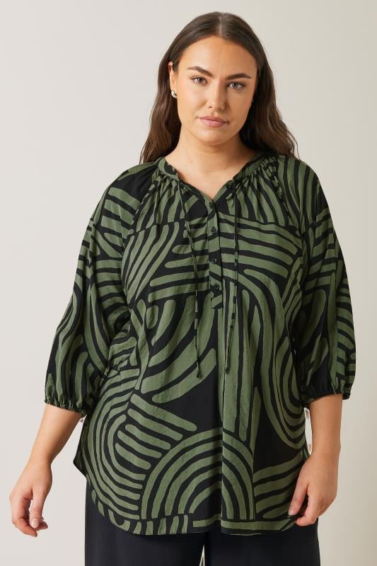 evans EVANS Curve Khaki Green Abstract Print Tie Neck Blouse