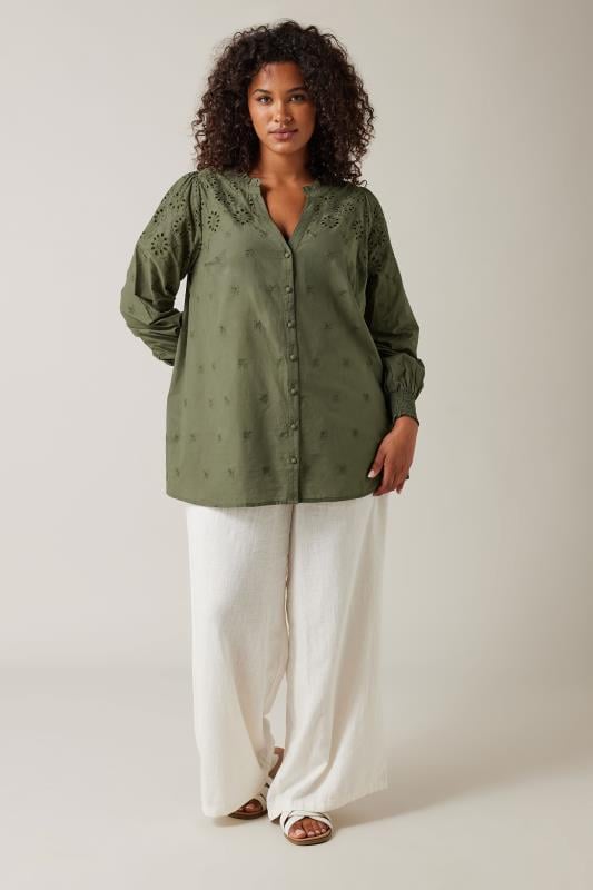 Evans EVANS Curve Khaki Green Broderie Cotton Blouse
