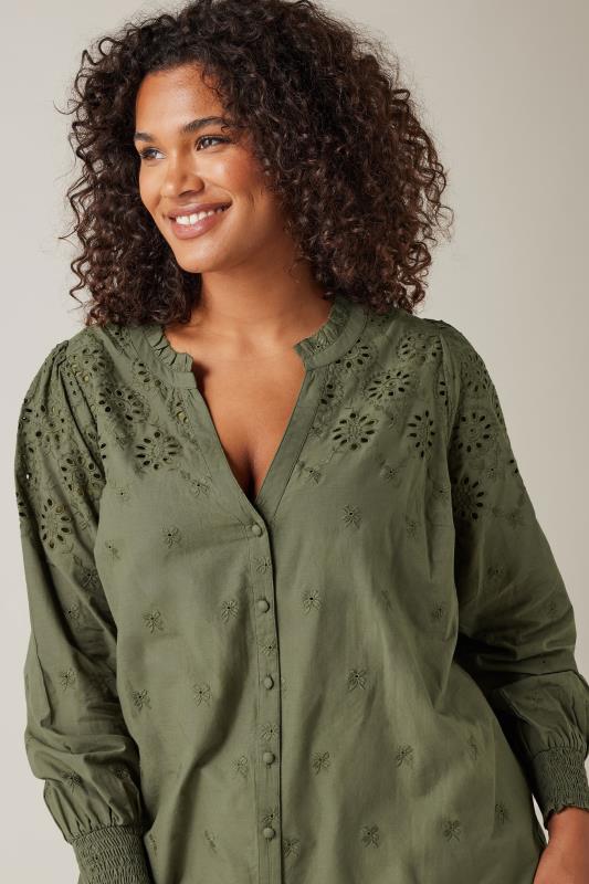 Evans EVANS Curve Khaki Green Broderie Cotton Blouse
