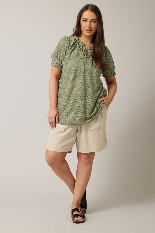 Evans EVANS Curve Khaki Green Burnout Print Tie Neck Blouse