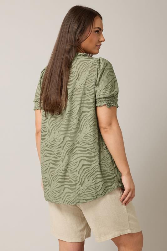Evans EVANS Curve Khaki Green Burnout Print Tie Neck Blouse