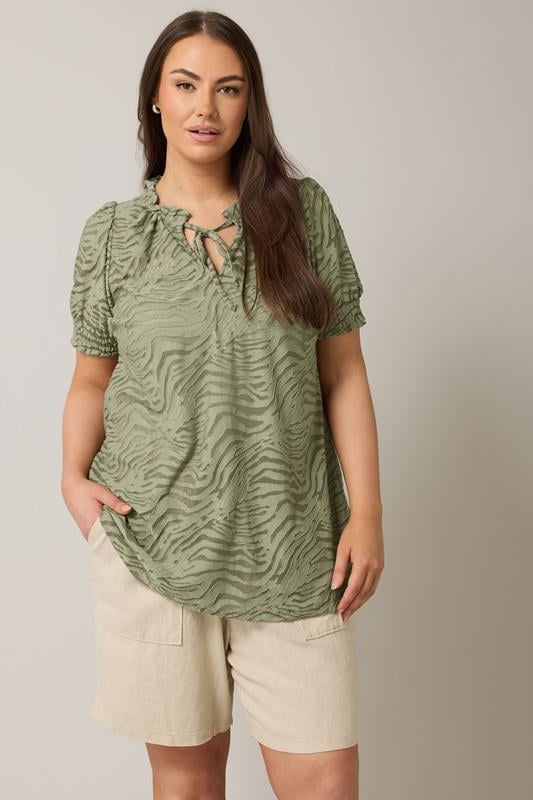 evans EVANS Curve Khaki Green Burnout Print Tie Neck Blouse