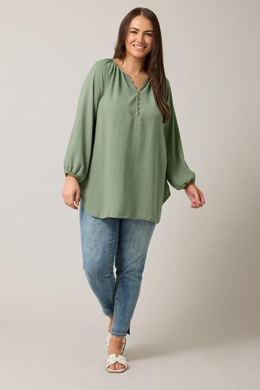 Evans EVANS Curve Khaki Green Button Front Long Sleeve Blouse