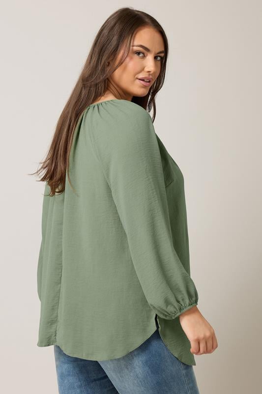 Evans EVANS Curve Khaki Green Button Front Long Sleeve Blouse