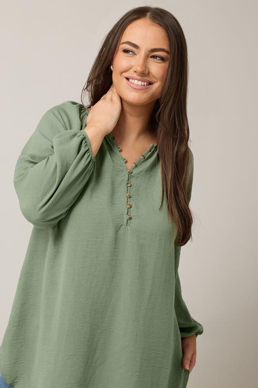 Evans EVANS Curve Khaki Green Button Front Long Sleeve Blouse