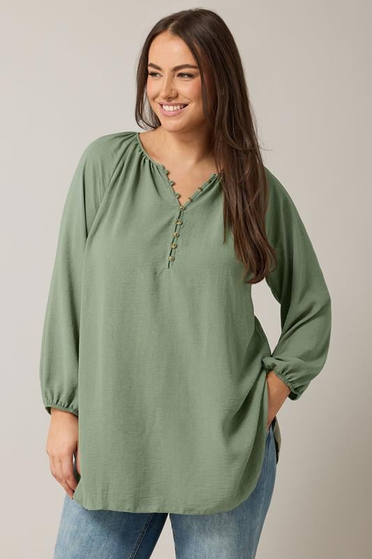 evans EVANS Curve Khaki Green Button Front Long Sleeve Blouse