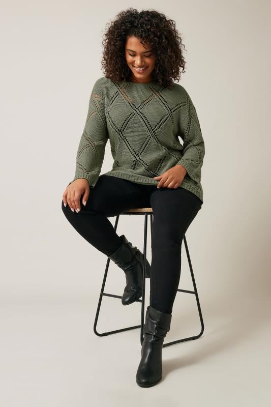 Evans EVANS Curve Khaki Green Diamond Pointelle Jumper